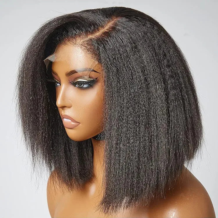 Natural Color Short Yaki Kinky Straight bob Wigs Human Hair Lace Front Brazilian Virgin Hair 4x4 Full Lace Frontal Closure Wig