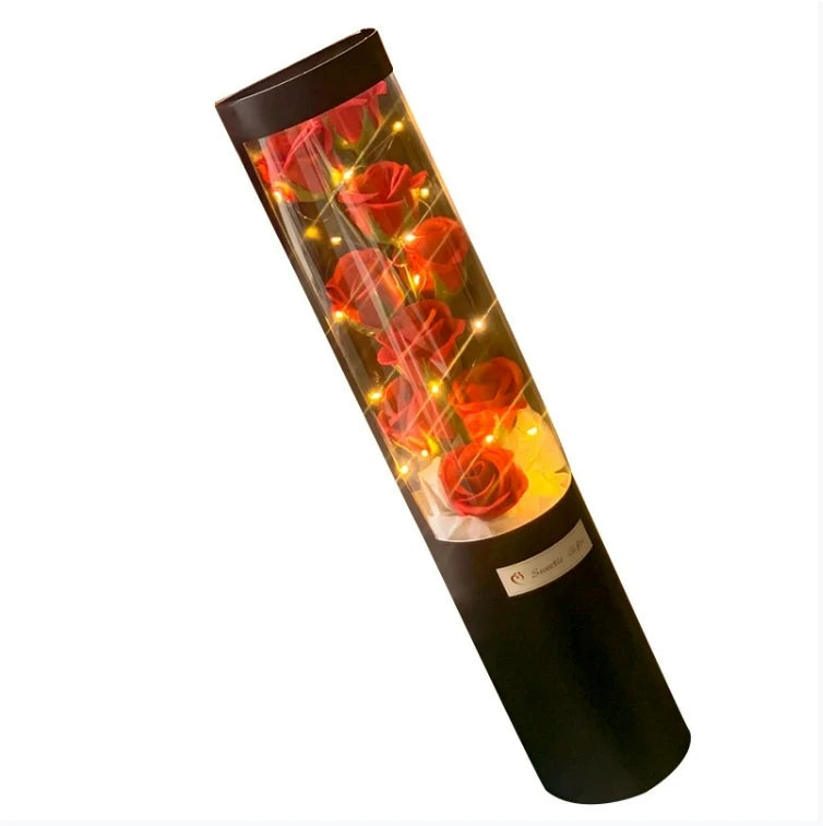 2025 Romantic Handmade PU Artificial Soap Rose 9 Flowers Bouquet with White LED Light for Valentine's Day & Thanksgiving