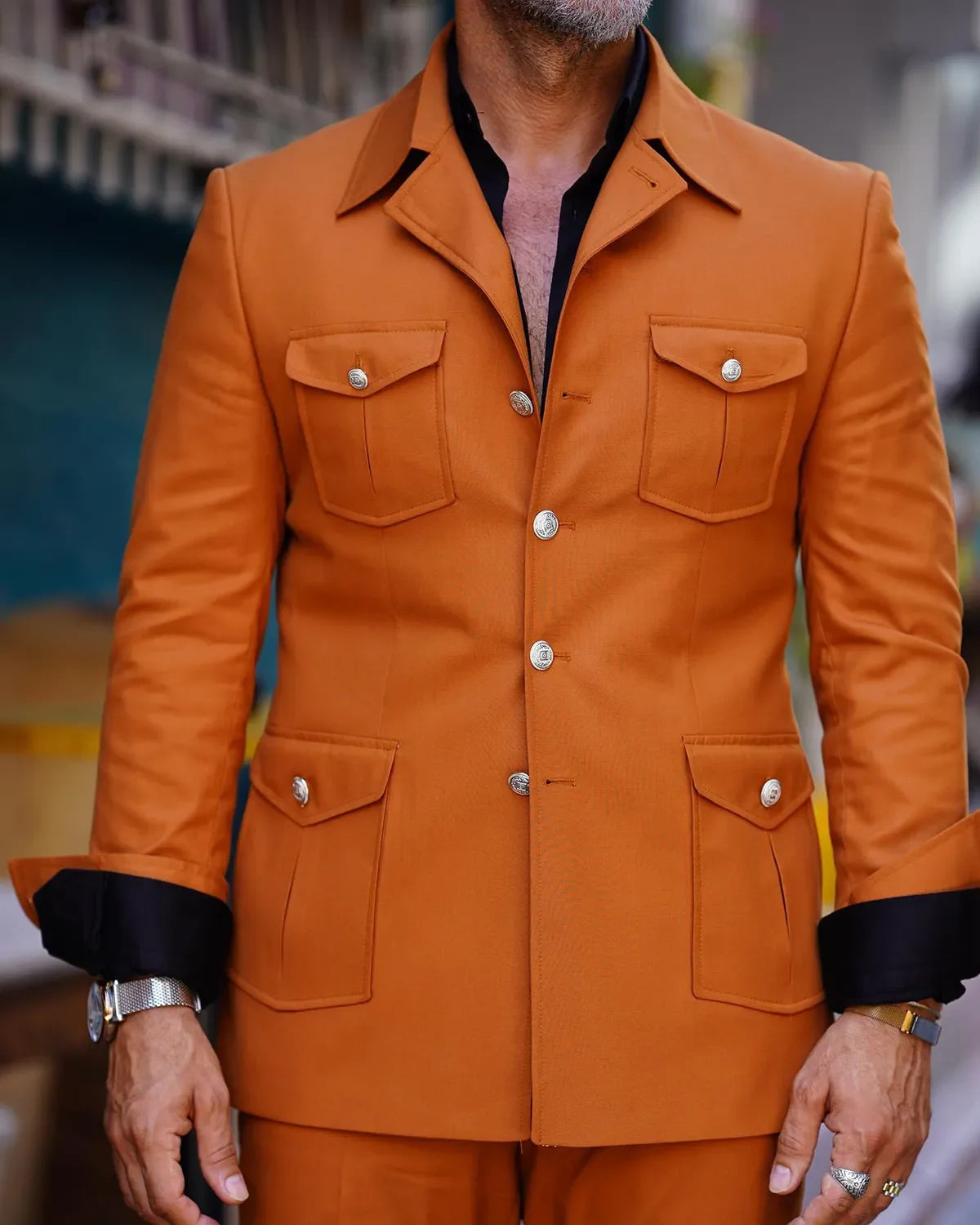 Tailored Casual Men Suits Orange 2 Pieces Set Safari Design Collar Autumn Coat Pant Business Designer Jacket Pant Men Prom Suits