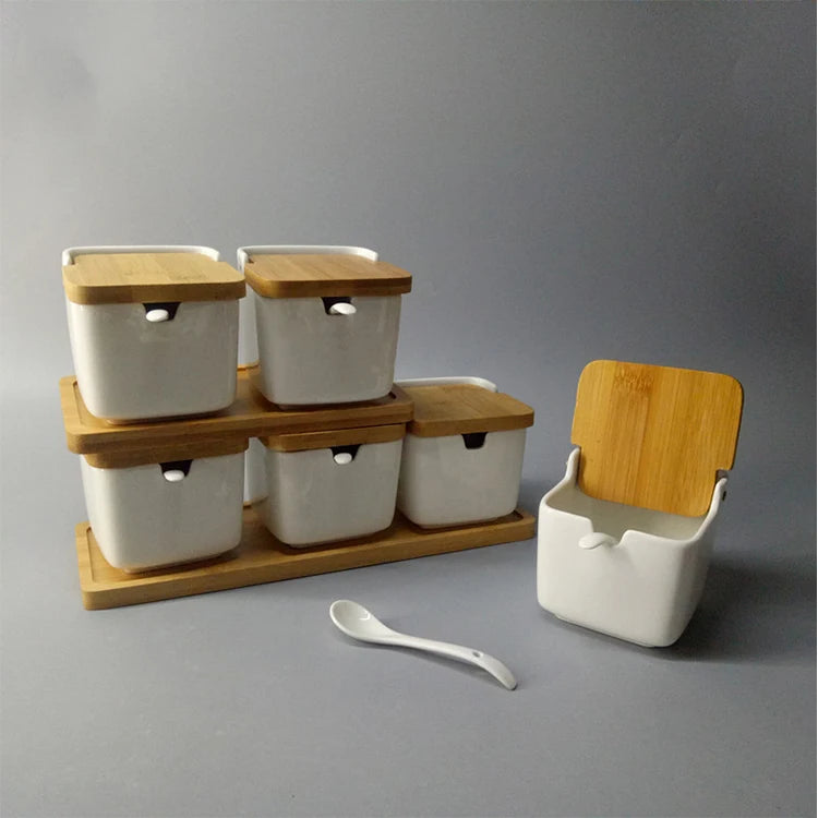 Wholesale Kitchen Square White Ceramic Salt Sugar Storage Container Seasoning Pot Spice Jar Set with Bamboo Lid