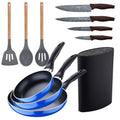3pc frying pan set (16+20+24cm) pressed aluminum induction navy blue paradise with 3pc kitchen utensil set silicone wood with