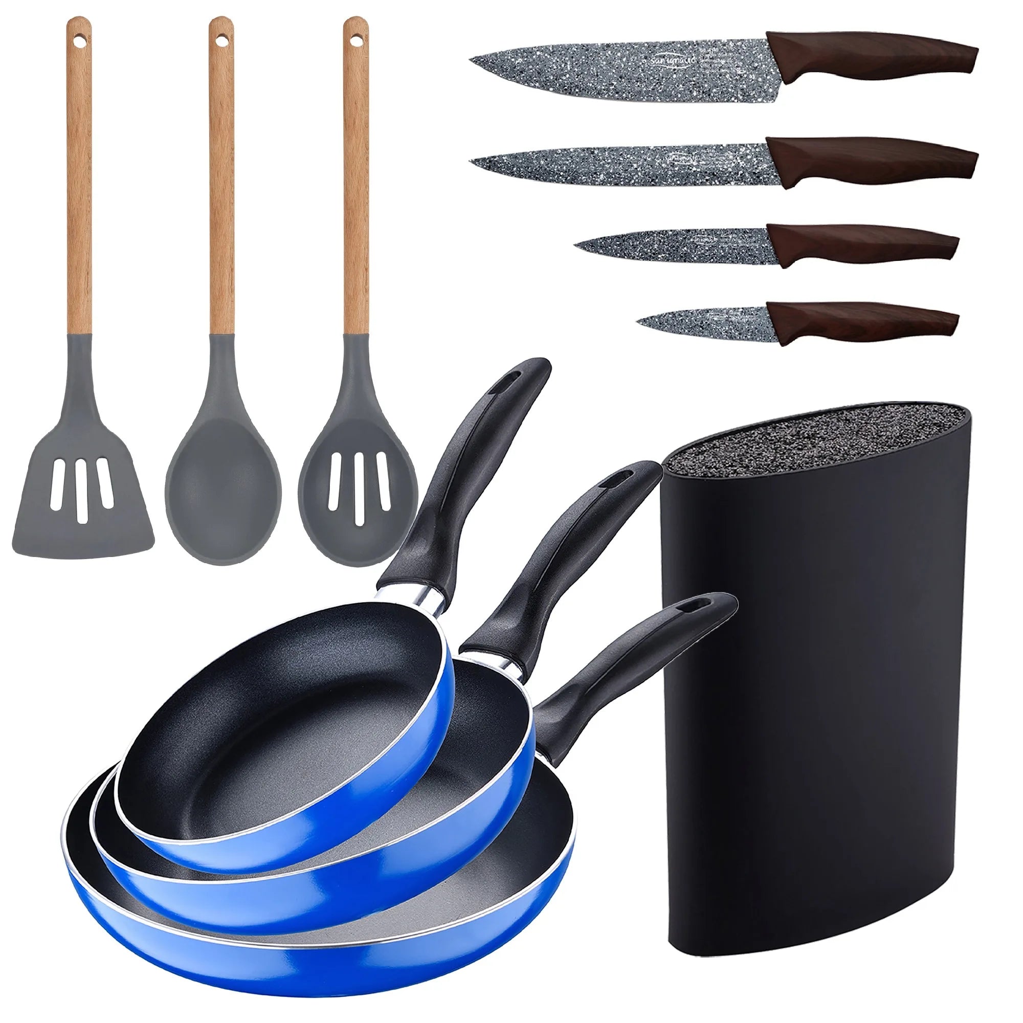 3pc frying pan set (16+20+24cm) pressed aluminum induction navy blue paradise with 3pc kitchen utensil set silicone wood with