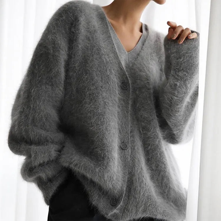 2025 A/W New Women's EU & US Cross-Border Mink Cashmere V-Neck Knit Cardigan - Loose Solid Color Outerwear
