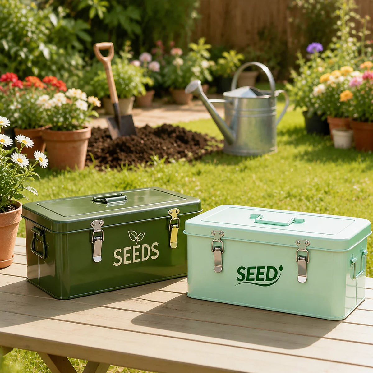 Metal Garden Storage Box with Lockable Lid Outdoor Gardening Tool Organizer Box Seed Storage Container MegaBDM