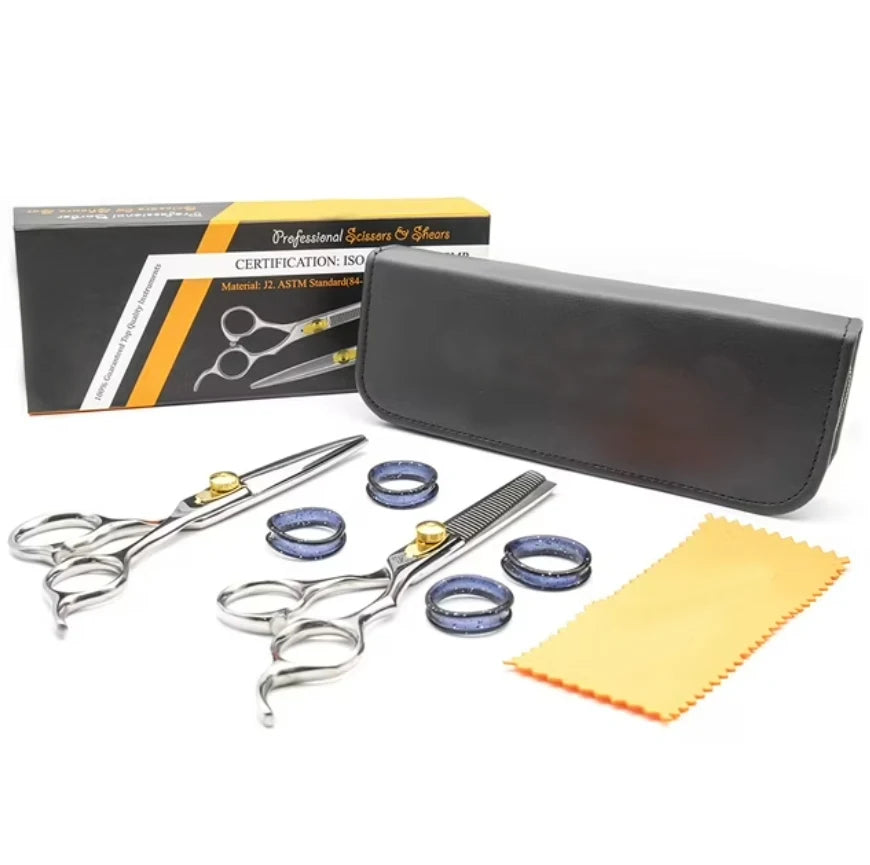 Professional Hair Barber Cutting Scissors Set with Leather Case & Hairdressing Thinning Razor-Edge Japanese Stainless Steel