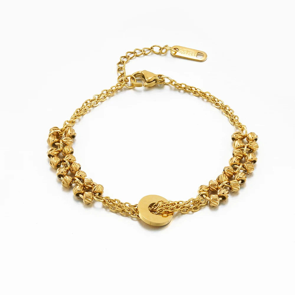 Latest 18K Gold Plated Stainless Steel Jewelry Double Chain Twill Beads Charms Bracelet Waterproof for Women Bracelet B242486