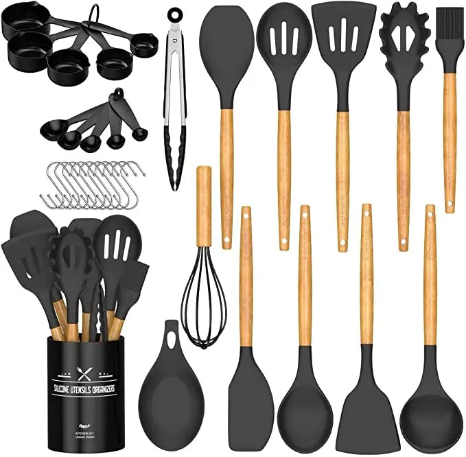 Food Grade Eco-friendly Non-stick ZONWIN Brand 33 Pcs Silicone Kitchen Utensils Spatula Set with Wooden Handle for Home Kitchen