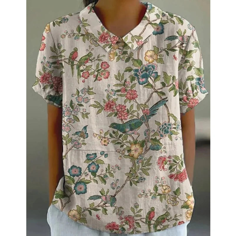 2025 Fashionable Comfortable and Casual Summer Short-sleeved Printed Pullover with Rolled Collar Shirt