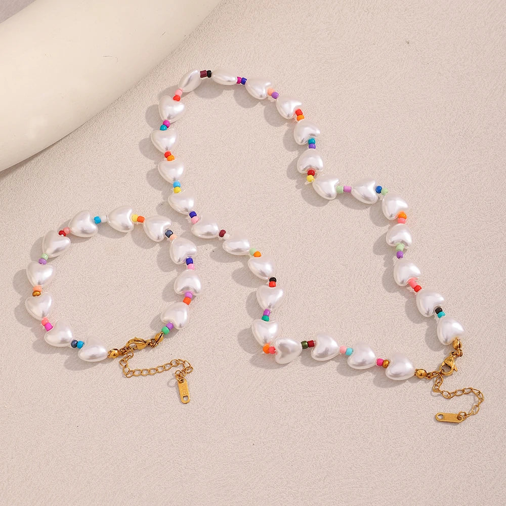 Dreamshow Acrylic Heart Beaded Jewelry Fashion Chain Necklace Colorful Jewelry Set Stainless Steel Necklace