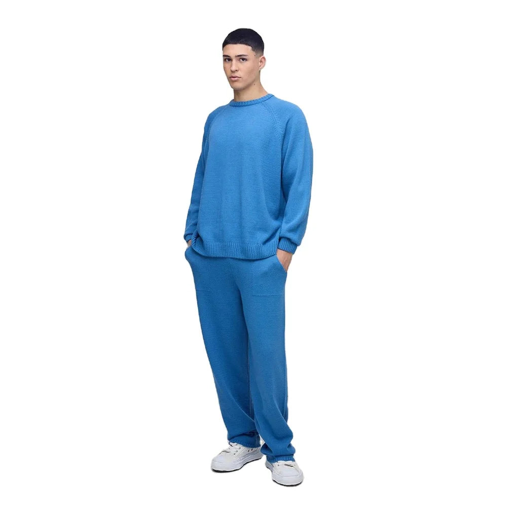 Men's Blue Knit Pullover Sweatshirt Jogger Pants Relaxed Fit Casual Streetwear Winter Two-Piece Loungewear with Front Pockets