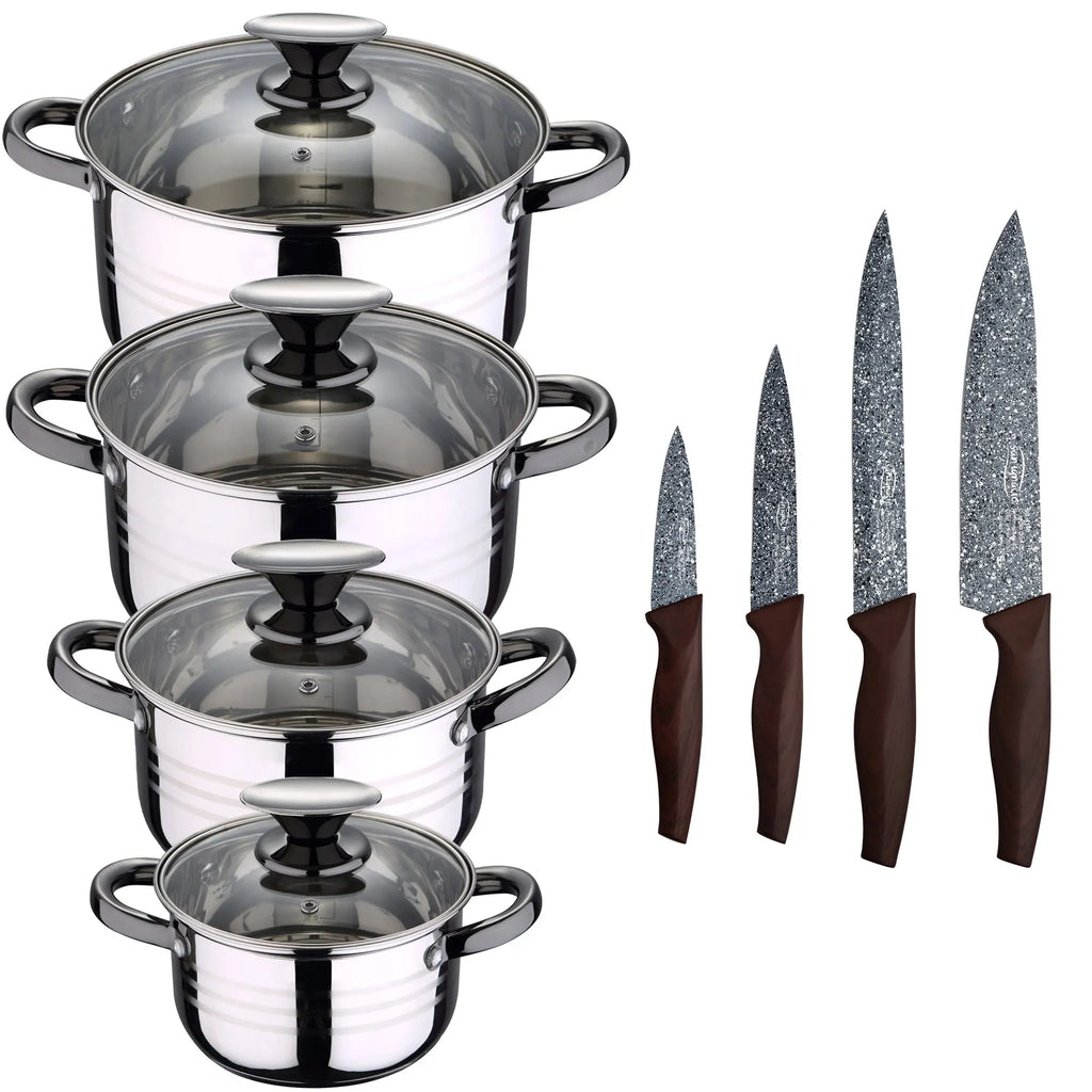 SAN IGNACIO Hita 8-piece stainless steel cookware set suitable for induction hobs with a set of 4 stainless steel kitchen