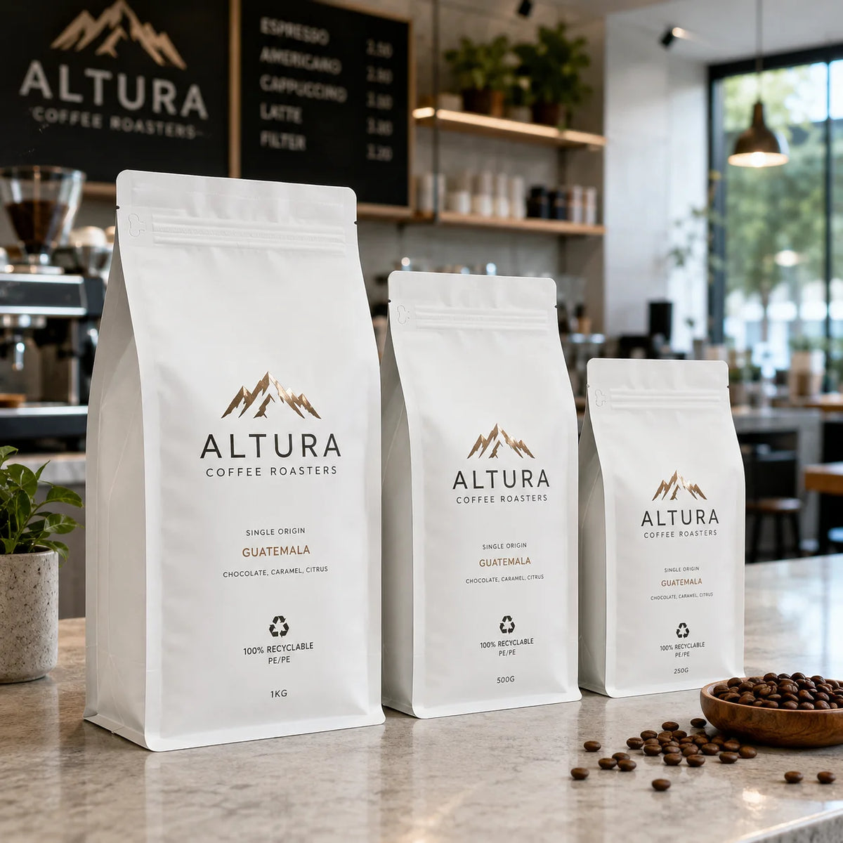 AT PACK Custom Printed 100% Recyclable White PE/PE Flat Bottom Pouch Coffee Bags MegaBDM