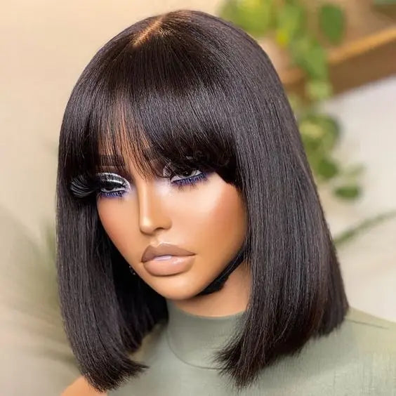 Natural Scalp Straight Short Fringe Bob Wig 3*1 Lace Brazilian Human Hair With Bangs Glueless Bob Wigs for Women
