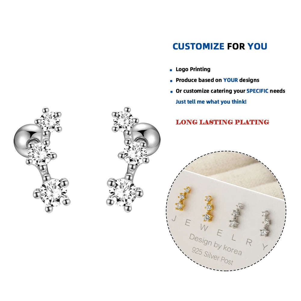 LE152 Cute S925 Sterling Silver Triple Zircon Diamond Paved Screw Stud Piercing Earrings Jewelry Accessories for Women Girls
