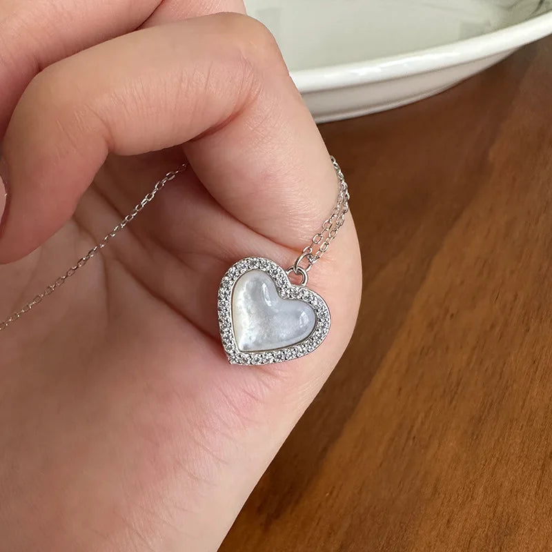 Exquisite Artisan Heart Necklace 925 Sterling Silver with Mother of Pearl & Meticulously Inlaid Cz Dual-Tone Elegance for Women