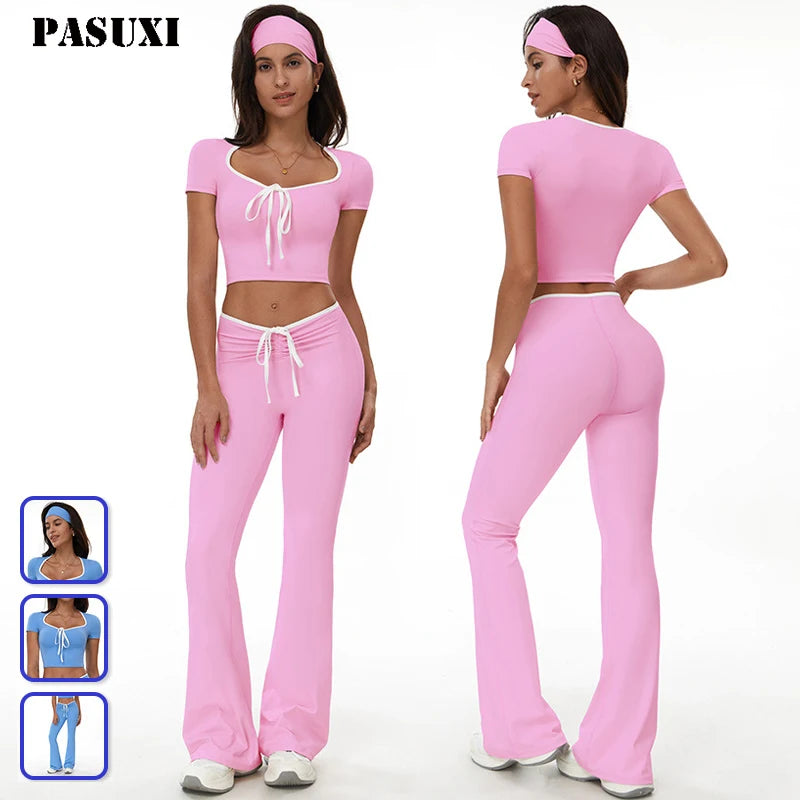 PASUXI High Waist Butt Lift Yoga Leggings Sportswear Workout Outfit Stretchy Breathable Short Sleeve Fashion Gym Plus Size Solid