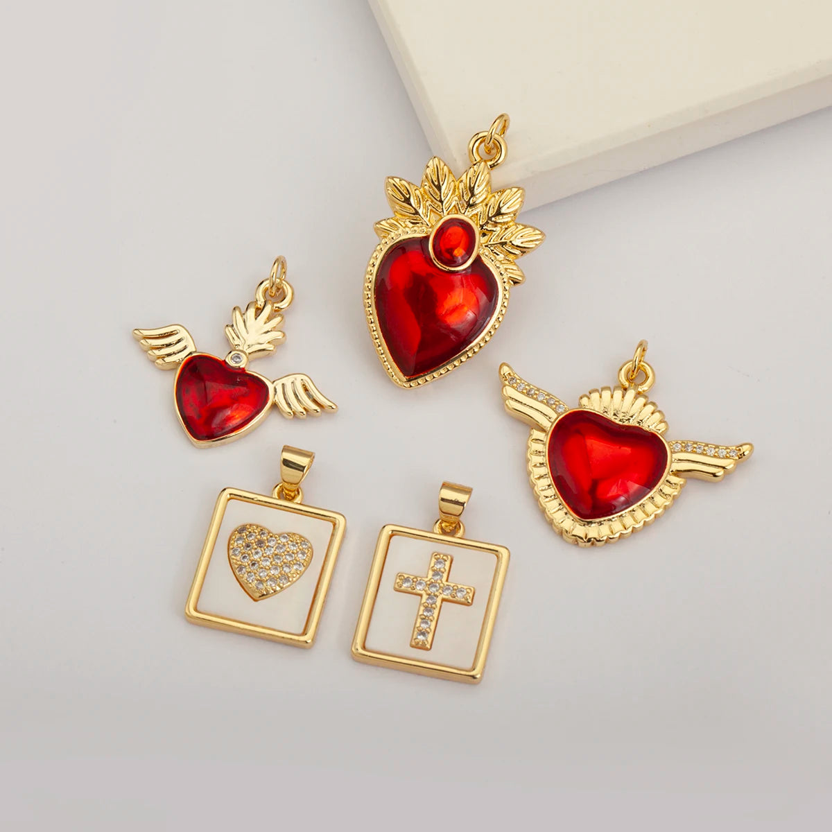 QIKU Wholesale Gold Plated Cross & Sacred Heart Charms | Religious Designer Charms for Jewelry Necklace Making