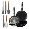 Set of 3 San Ignacio frying pans (16 20 24cm) pressed aluminum suitable for induction + Set of 5 Silicone and Acacia Wood