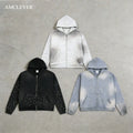 Boxy Fit Hooded Outerwear New Arrival Rhinestone Craft Spray Splash Gradient Distressed Raw Edge Metal Zipper Vintage Jacket