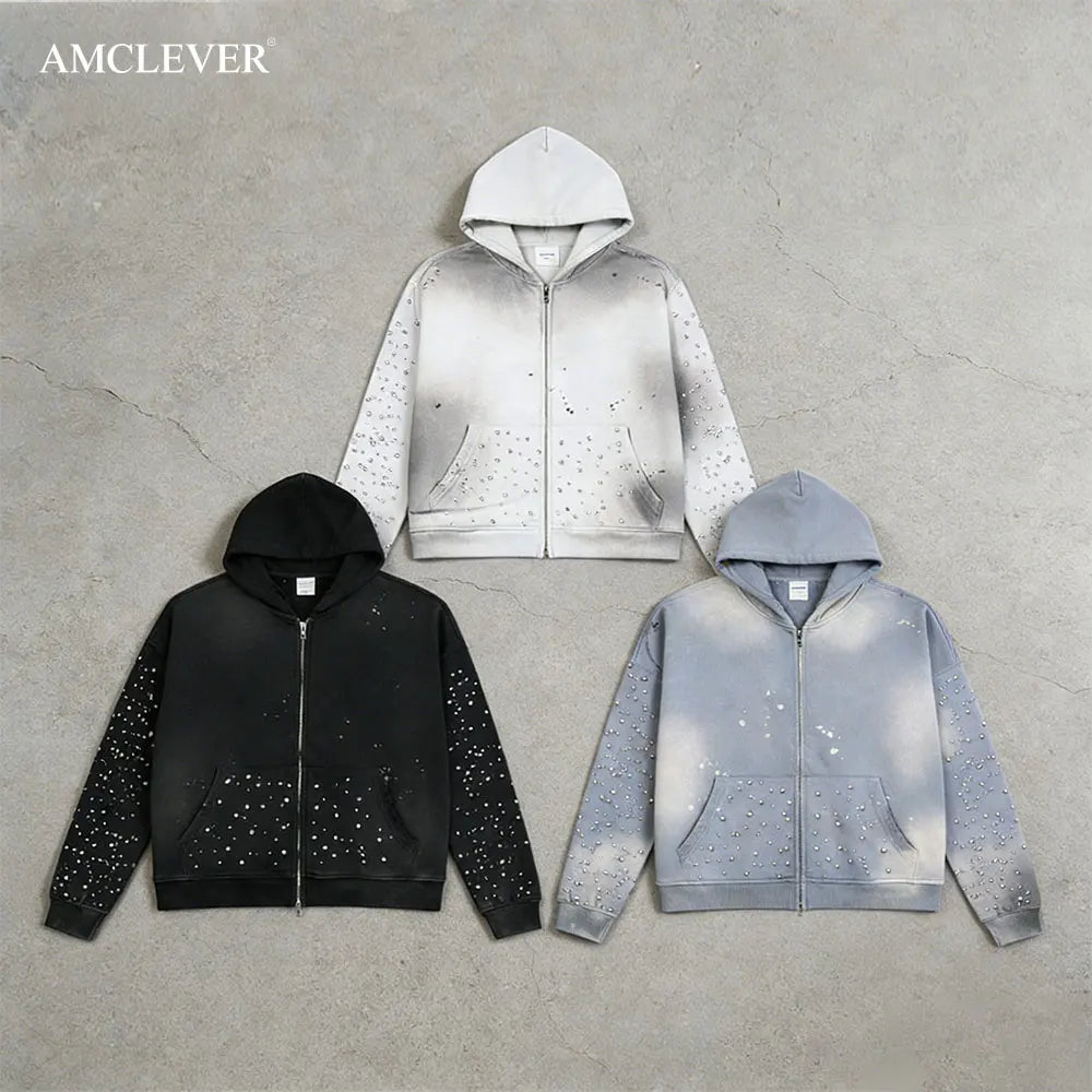 Boxy Fit Hooded Outerwear New Arrival Rhinestone Craft Spray Splash Gradient Distressed Raw Edge Metal Zipper Vintage Jacket