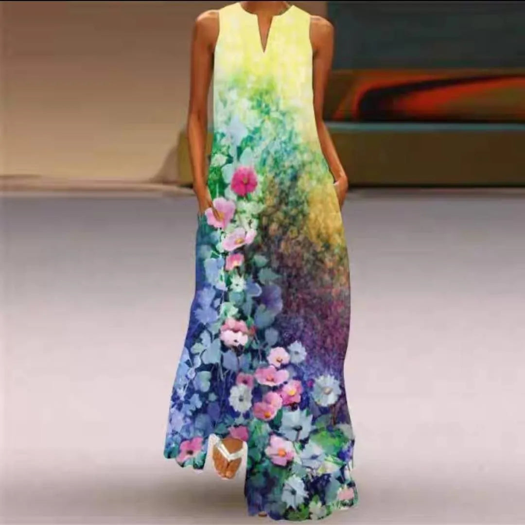 2025 New Summer Women's Sleeveless Long Dress with V-neck and Floral Print European and American Style for Cross-border Foreign