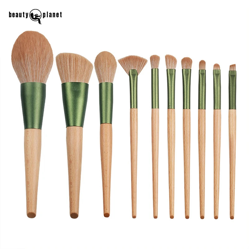 Beauty Planet Custom 10piece Professional Makeup Brush Set Wooden Handle Green Powder Foundation Face Make up Brush Set Custom