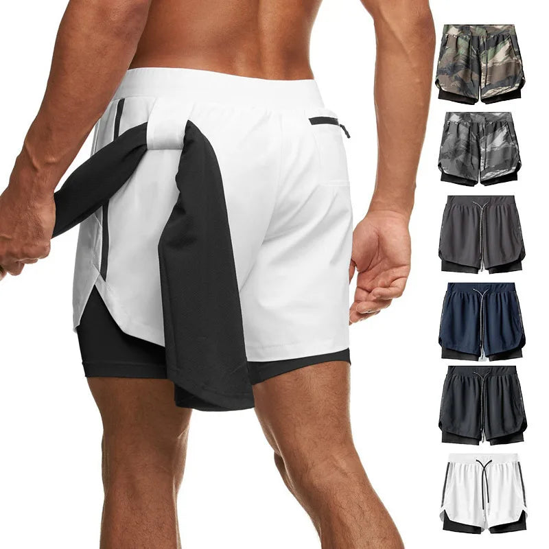 Summer Polyester Woven Quick Dry 2 in 1 Mid Waist Men's Fitness Shorts With Zipper Pocket Gym Compression Shorts