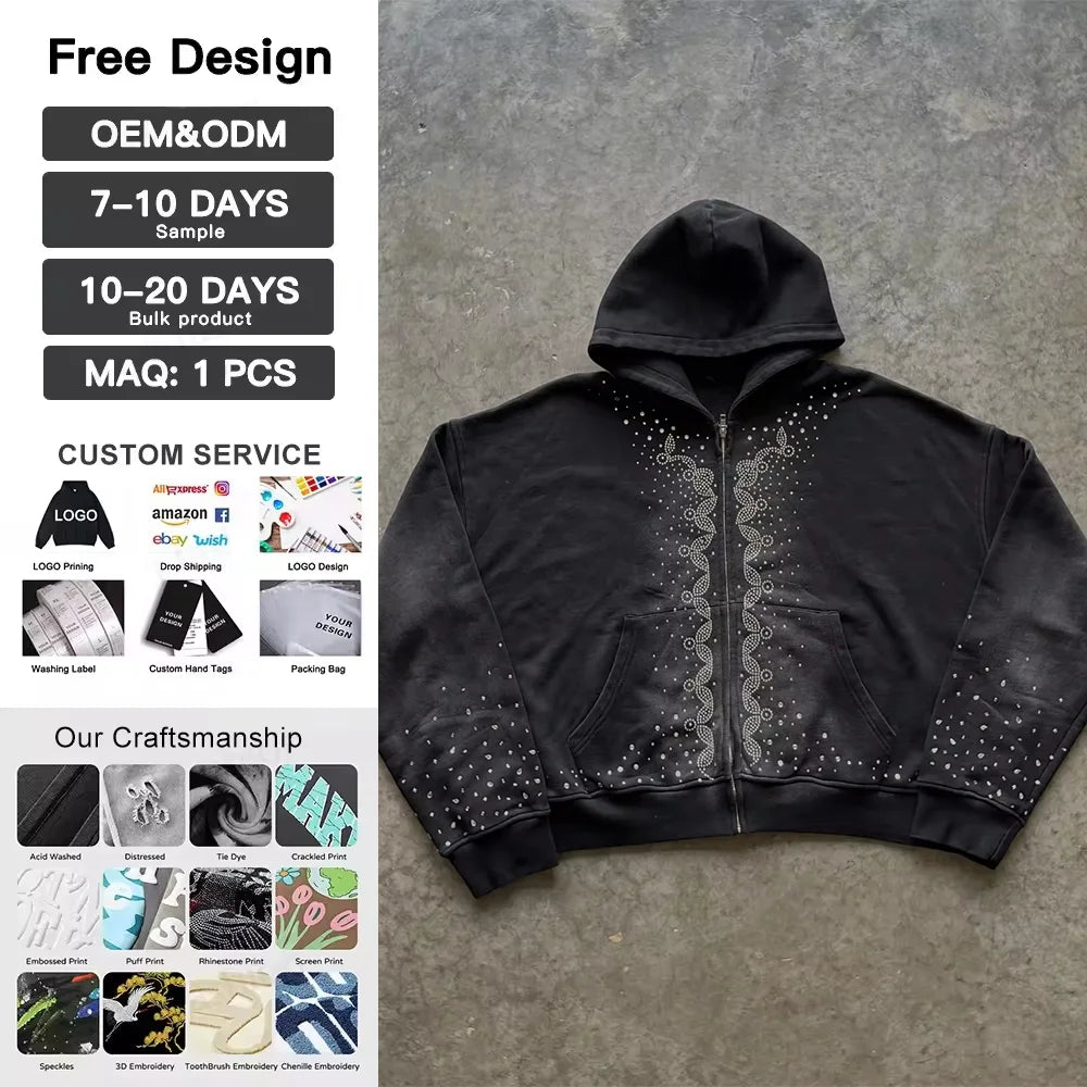Custom Y2k Streetwear Sweatshirt Winter Black Jacket Men Heavyweight Washed Sun Faded Hoodies Zip up Hoodie with Rhinestones
