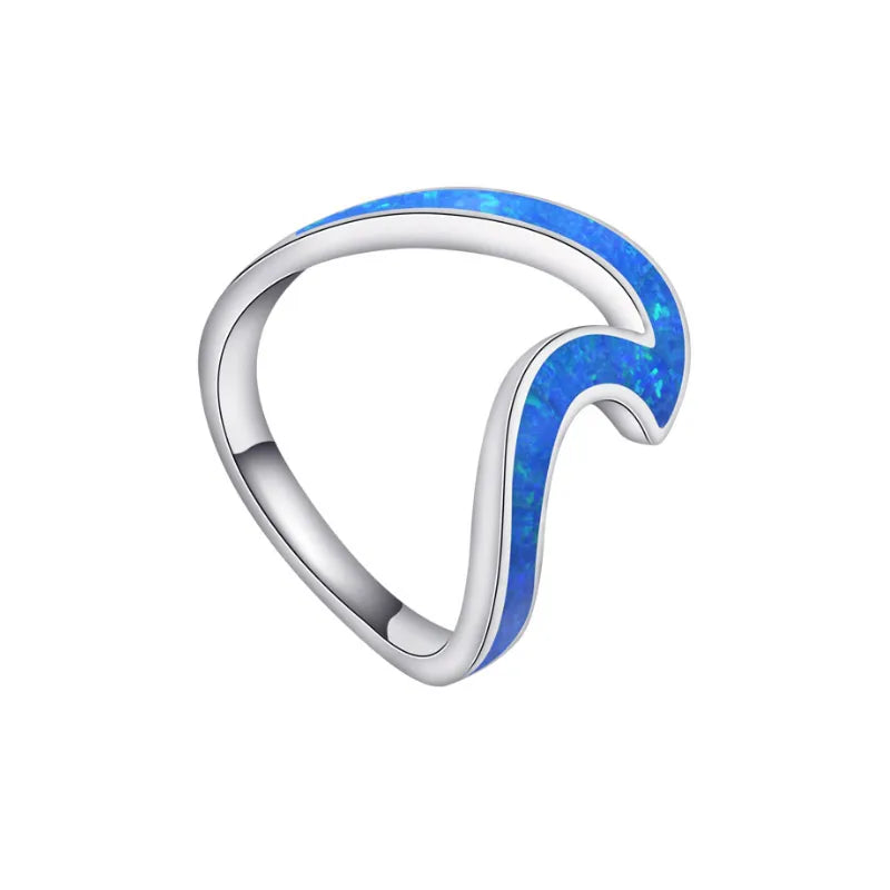 Low MOQ Wholesale Ocean Jewelry 925 Sterling Silver Finger Band Opal Inlay Blue Wave Ring