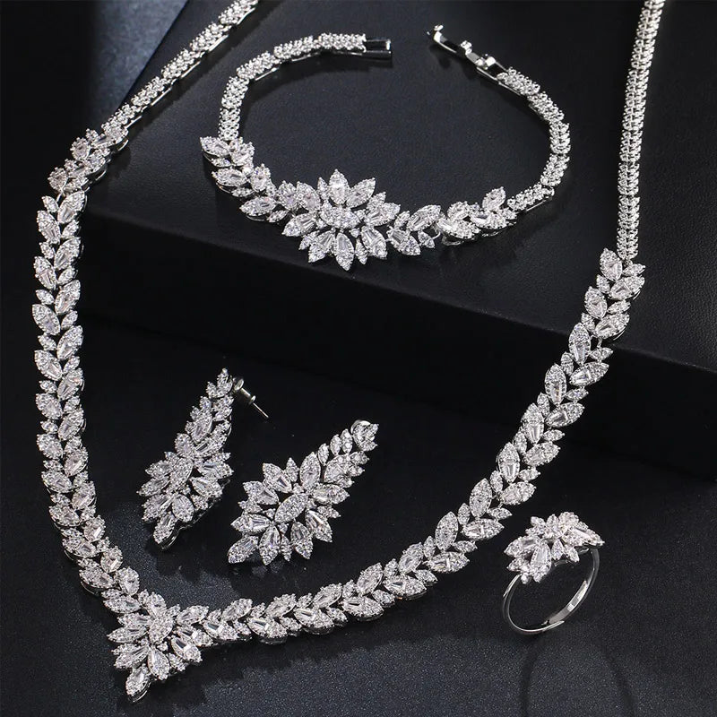 Wholesale Brass Religious Peace Engagement Cubic Zirconia Wedding Jewelry Ring Necklace Bridal Earrings and Bracelet Set