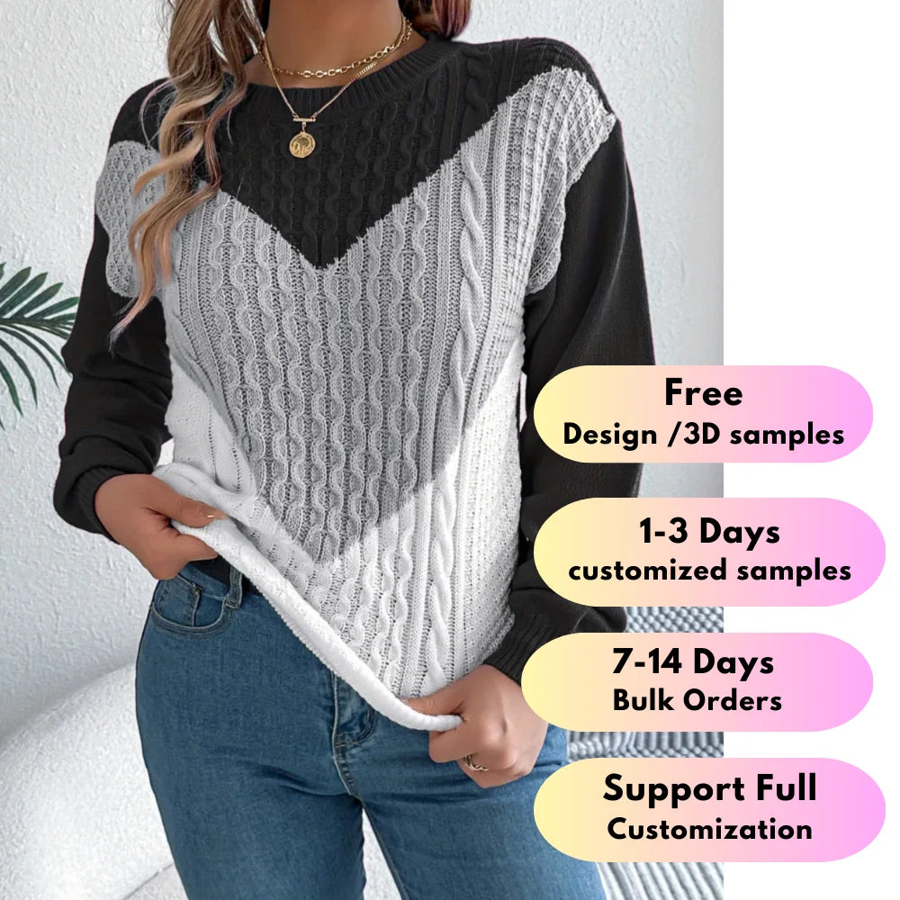 Custom Front Logo Women's Autumn Casual Computer Knit Sweater Pullover Crew Neck Color Blocking