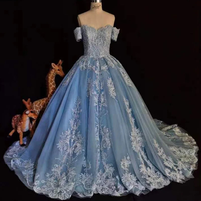 9508 2022 Evening Dresses O-Neck Lace Off-The-Shoulder Short Sleeves Maxi Length Solid Color Chiffon Evening Gown Dress