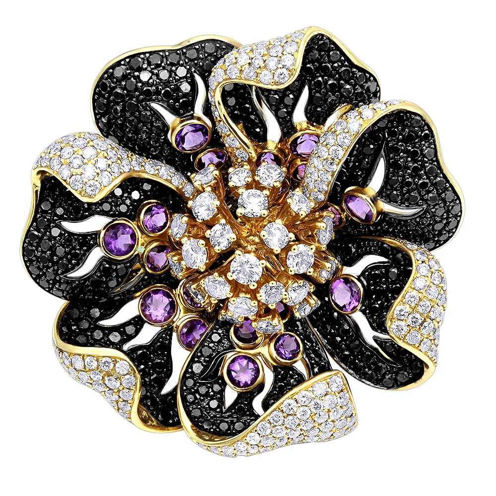 Ladies 18K Yellow & White Gold Ring Amethyst Diamond Flower Ring Prong Bezel Set 12.50ct Gemstone Fine Rings for Her