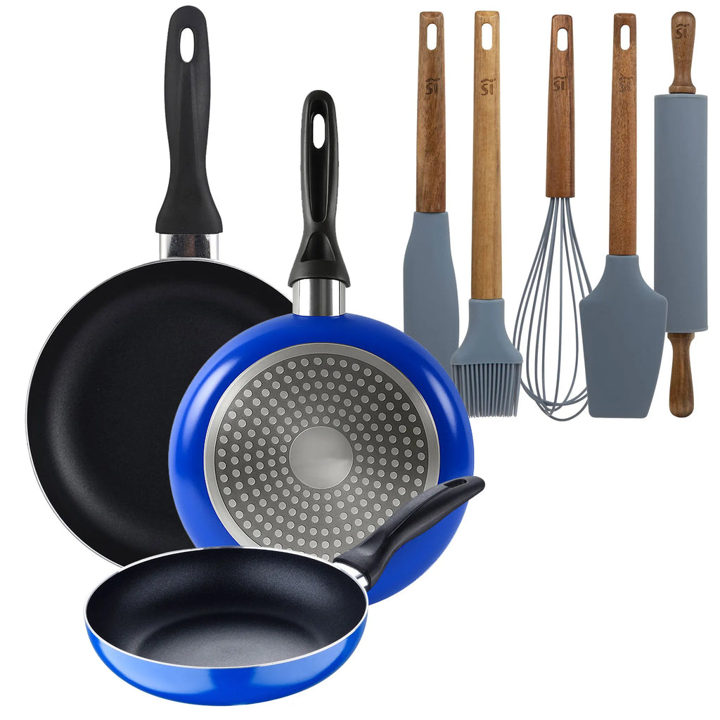 Set of 3 San Ignacio frying pans (16+20+24cm) pressed aluminum blue + Set of 5 Silicone and Acacia Wood Kitchen Utensils