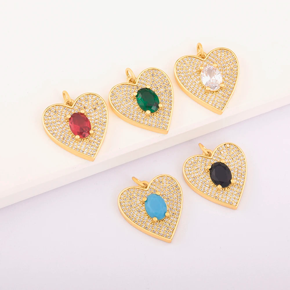 QIKU Wholesale Vintage 18K Gold Plated Copper Zircon Heart Charms Children's Pendant for DIY Jewelry Necklace Making