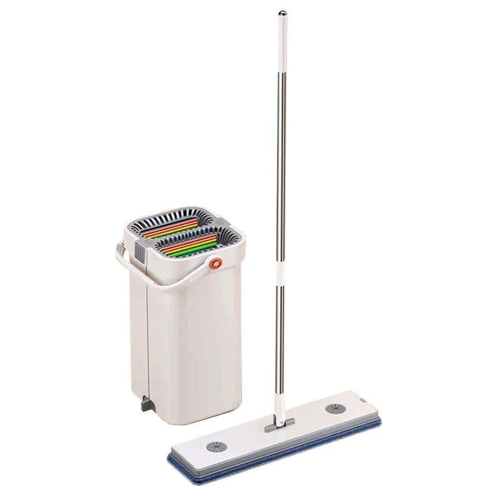 Hand mop with wringer and microfiber pads.