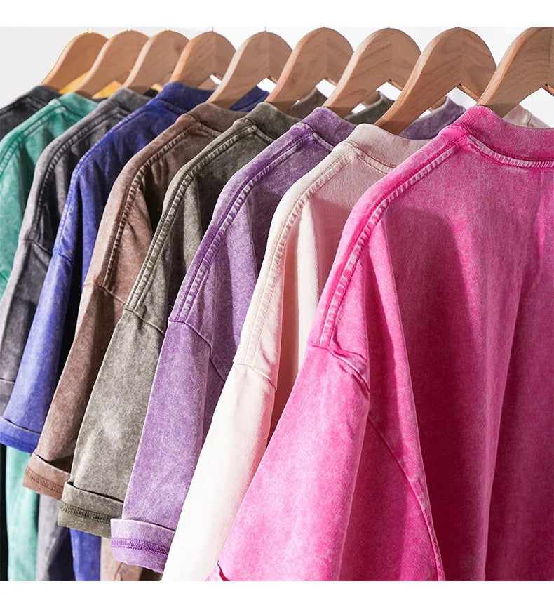 OEM custom logo embroidery printed design Plus size cross-border 230g washed pullover pure cotton heavy round neck  t-shirt