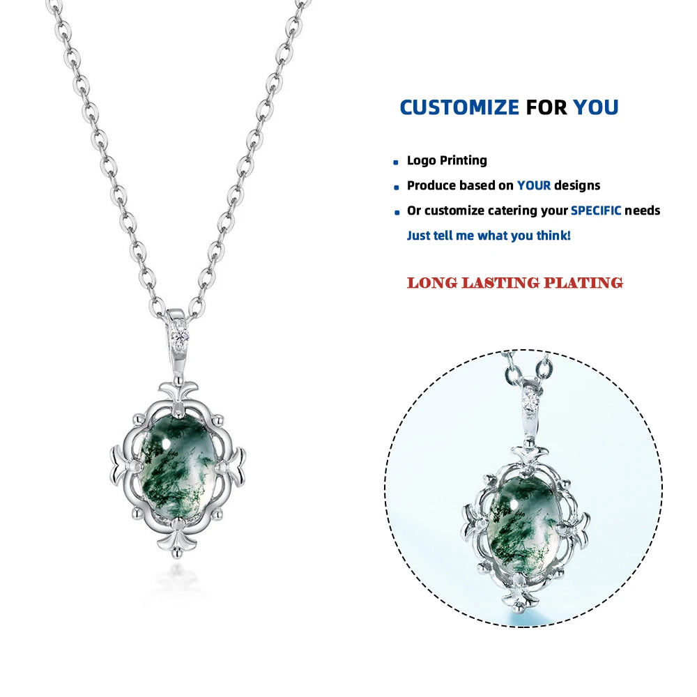 P004095_L Top Quality Moss Agate 925 Sterling Silver Oval Shape Gemstone Cute Pendant Green Crystal Wholesale Women Pendants MegaBDM