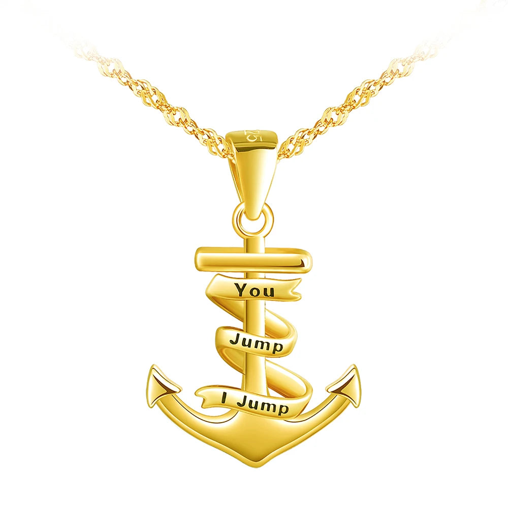 You Jump I Jump Letters S925 Sterling Silver Anchor Necklace With Smooth Silk Ribbon Pendant