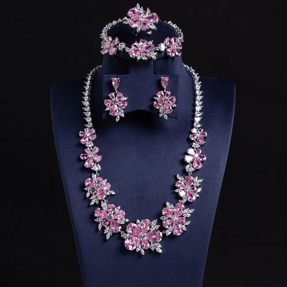 Luxury Flower Design 4pcs Necklace and Earring Sets Cubic Zirconia Dubai Nigeria Women Bridal Wedding Jewelry Sets S-0056