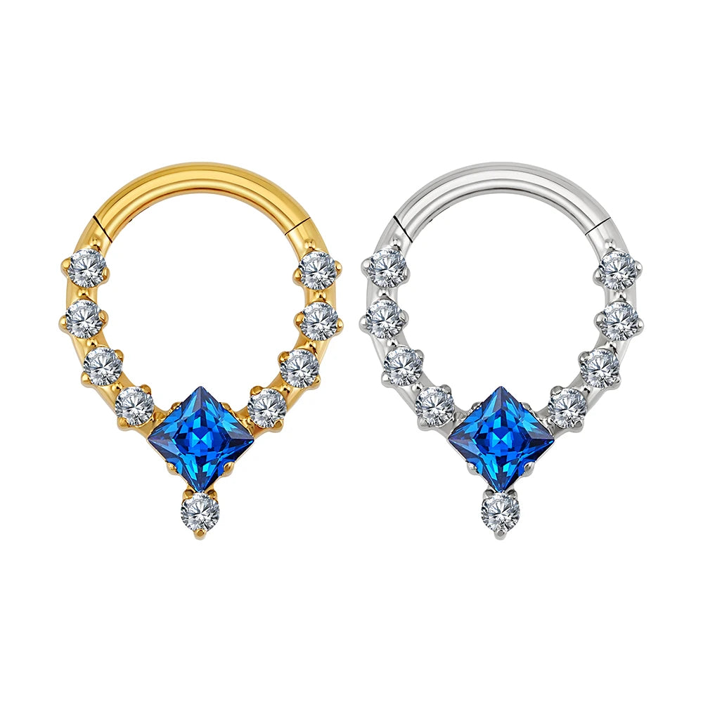 Right Grand ASTM F136 Titanium Square CZ Hinged Segment Septum Ring Daith Helix Hoop Earring Nose Piercing Body Jewelry