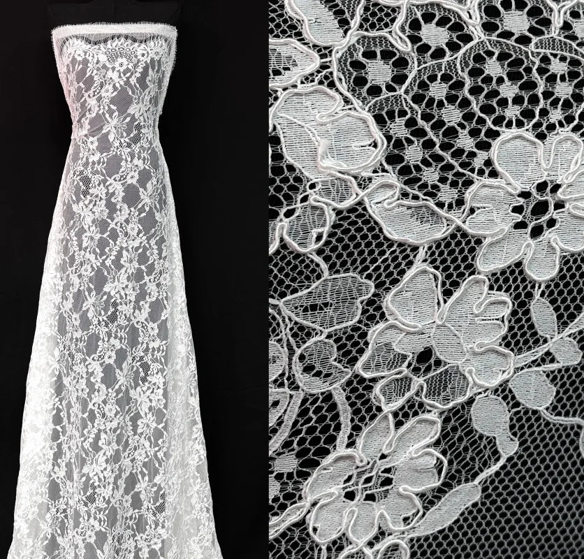 Floral Eyelash Veil Lace Corded French Lace Embroider on Antique Mesh