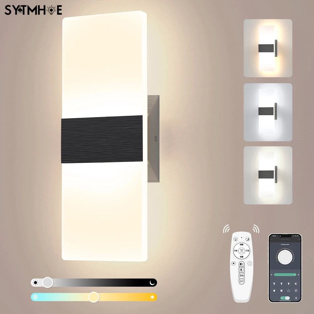 Dimmable Wall Lamps Black 12W With Remote App Control Bedroom 3CCT Changeable AC 85-265V Wall Bracket Lights for Home Indoor