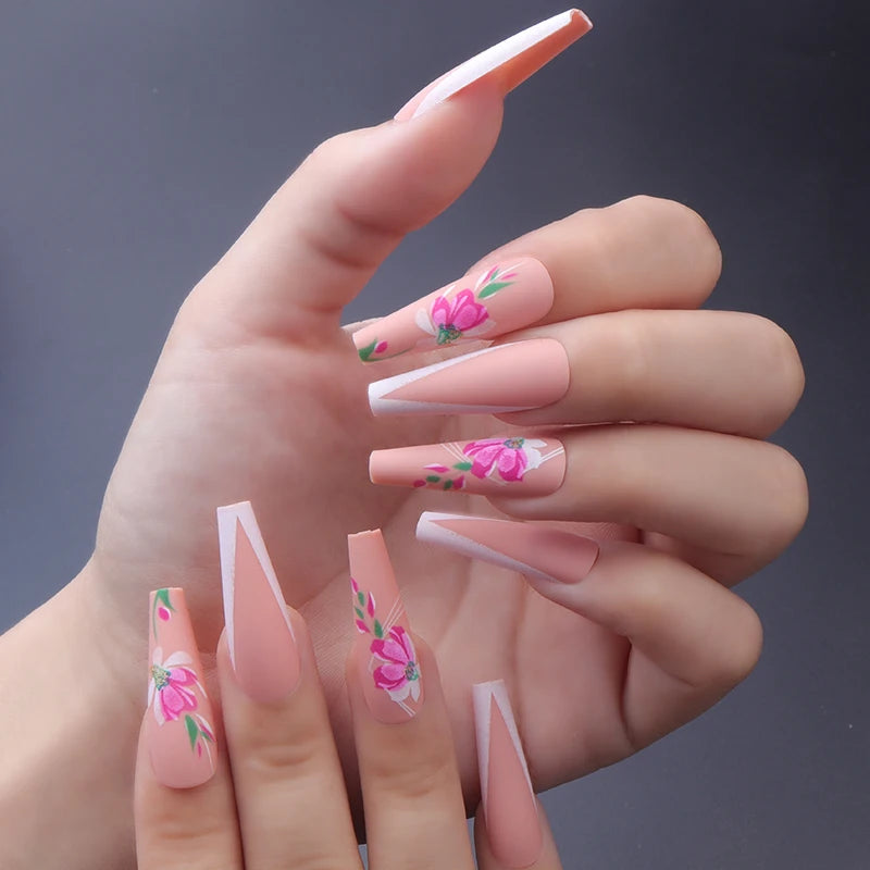Factory False Nails Press on Wholesale 24Pcs ABS Flower Print Long Ballerina Finger Nails With Nail Glue