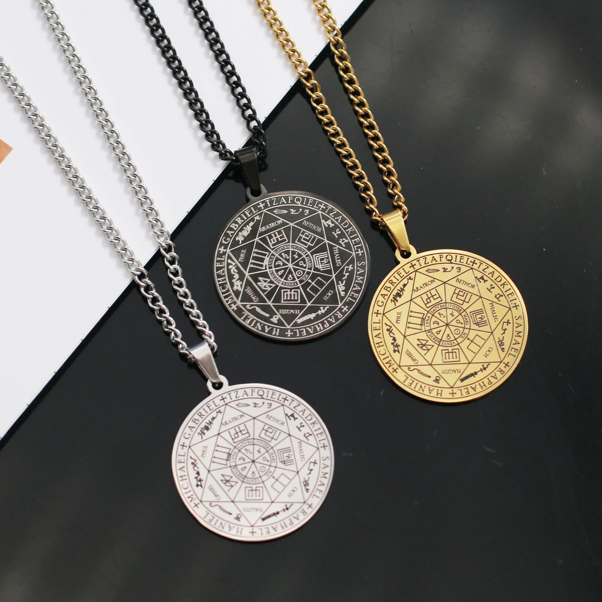 Seven Archangels Sigil Charm Necklaces Scripture Seal Religious Totem Rune Stainless Steel Round Men's Pendant Necklace