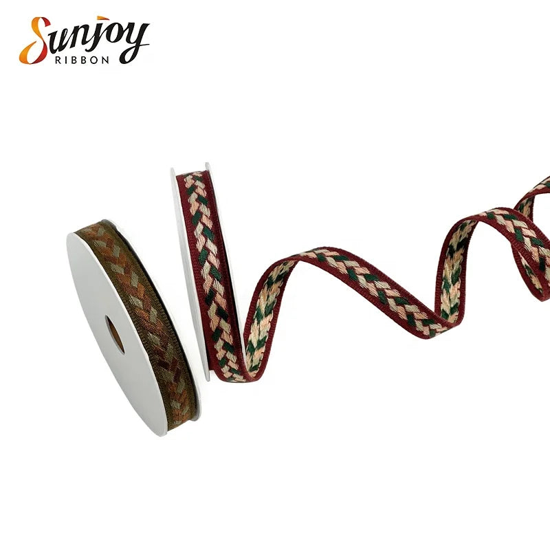 Geometric Jacquard Ribbon in Rich Burgundy Color for Elegant Decorations
