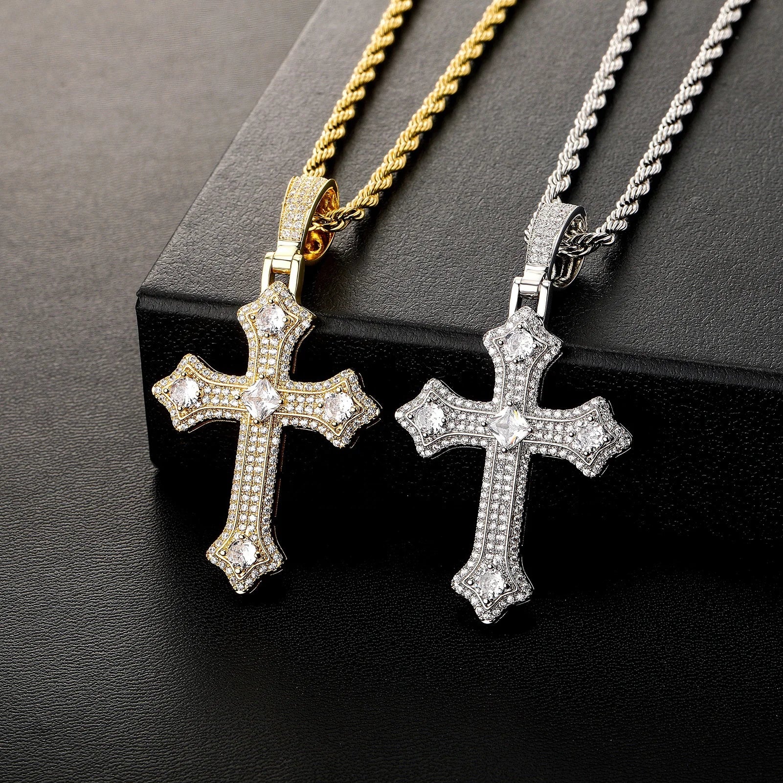 Hip Hop Brass Gold Plated Lab Created Zircon Cross Pendant Rope Chain Fashion Crucifix Charm Necklace Women Men Jewelry