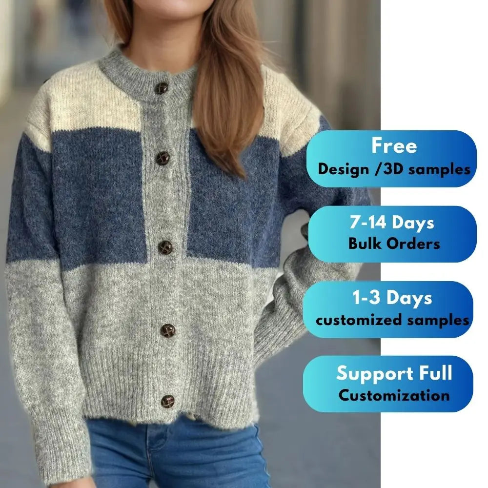 Custom Women's Trendy Color Blocking Anti-pilling Double Breasted Knitted Cardigan Buttons Casual Style Regular Sleeve Winter