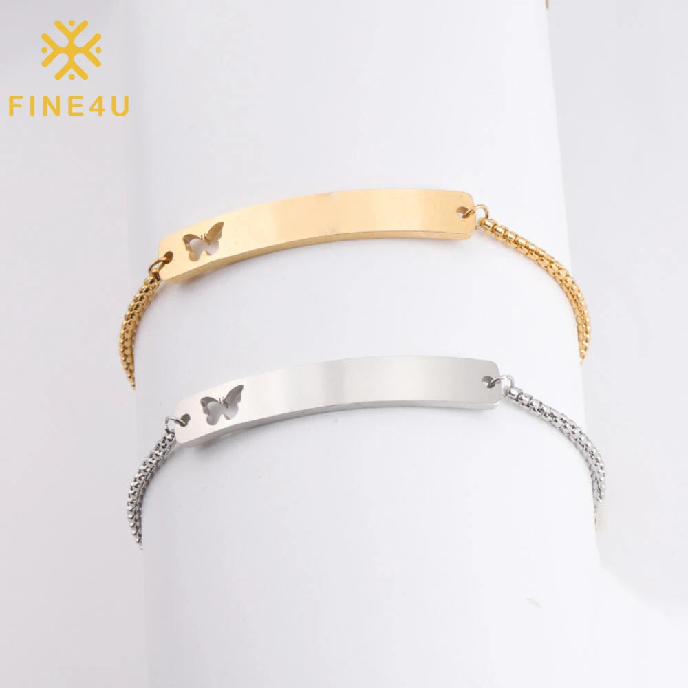 Custom Name Stainless Steel Rose Gold Curved Bar Blank Bracelet Fashion Jewelry Adjustable Butterfly Engrave Letter DIY Bracelet