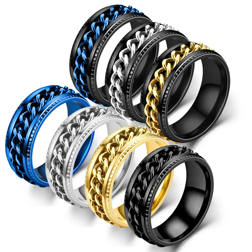 Men Stainless Steel Chain Spinner Finger Ring for Men Blue Gold Black Punk Rock Gift Rotating Anxiety Fidget Rings